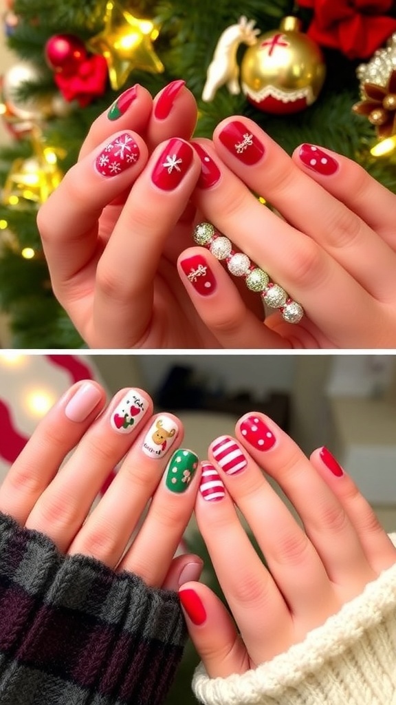 Matching Christmas nail art for couples with festive designs in red, green, and white.